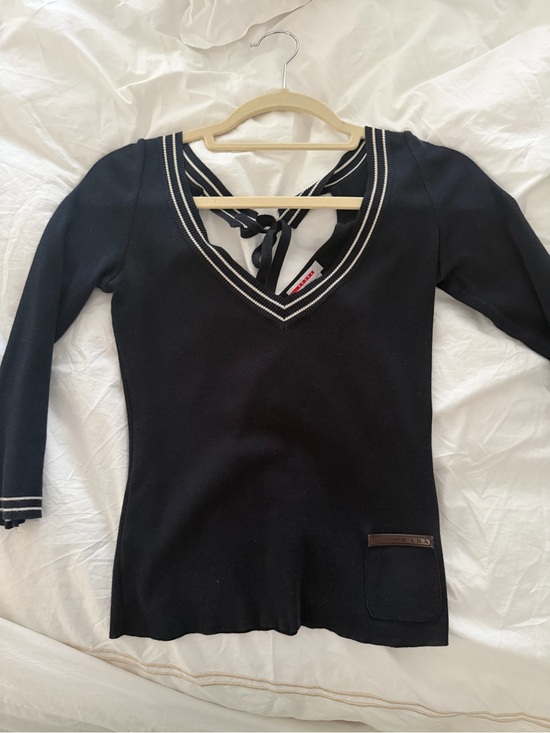 Prada Sweaters - Prada Logo V-Neck Sailor-Trim Knit Sweater
